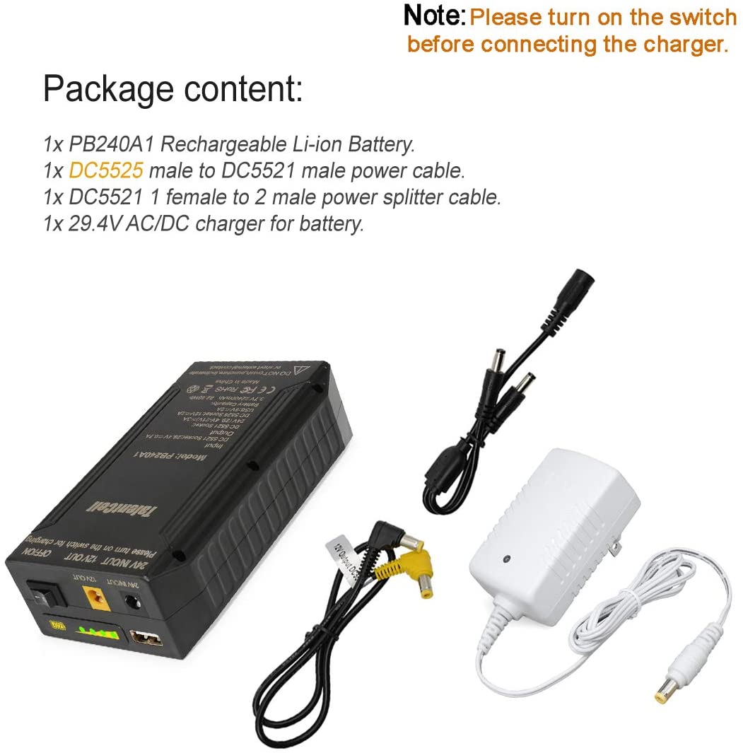 PB240A1 25.9V 3200mAh Lithium Ion Battery Pack with 24V/12V DC and 5V USB Output | Multi-Voltage Portable Power Supply for Electronics